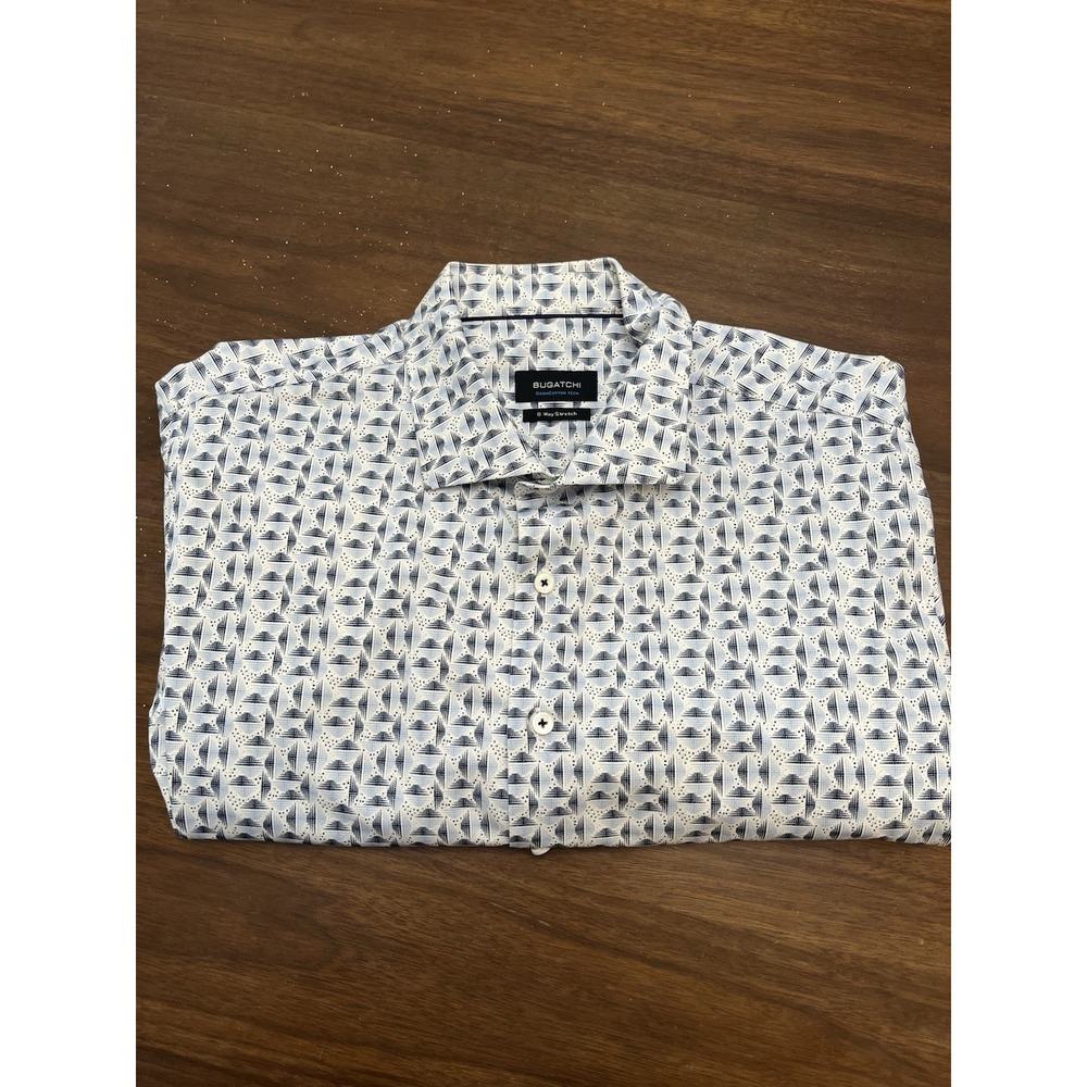 Bugatchi XL OoohCotton Tech 8-Way Stretch Dress Shirt‎ Men Blue White Geometric
